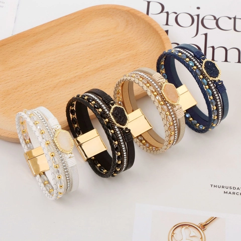 Boho Mehrlagiges Edelstahl Armband Für Damen Leder Geflochten Strass Besetzt Magnetverschluss Druzy Stein Wickel Armband Schmuck