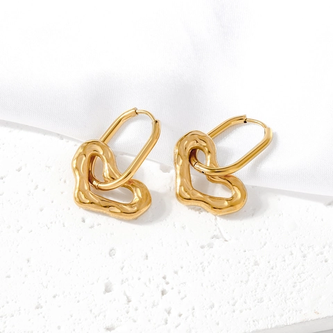 Modern 18K Gold Plated 316 Stainless Steel Heart Dangle Earrings Hammered Texture Heart Drop Earrings Jewelry For Women