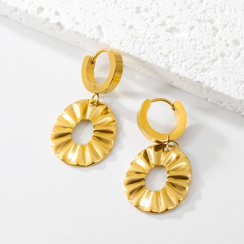 316 Stainless Steel Ruffled Leaf Drop Earrings Vacuum 18K Gold Plated Pleated Hollow Oval Dangle Earrings Women Jewelry