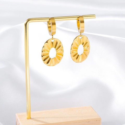316 Stainless Steel Ruffled Leaf Drop Earrings Vacuum 18K Gold Plated Pleated Hollow Oval Dangle Earrings Women Jewelry
