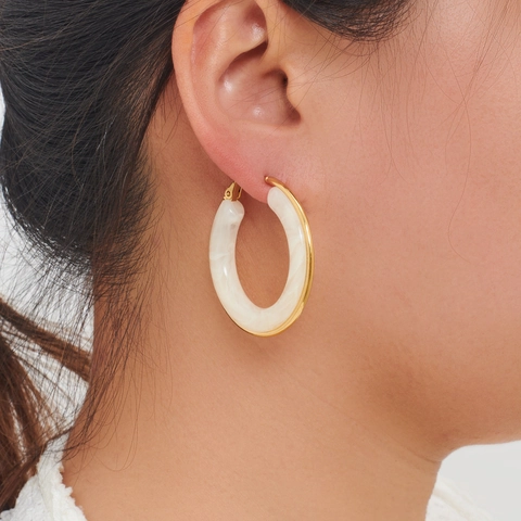 Vintage Stainless Steel C-Shape Hoop Earrings Marble Texture Resin Inlay Imitation Jade Retro Fashion Jewelry For Women