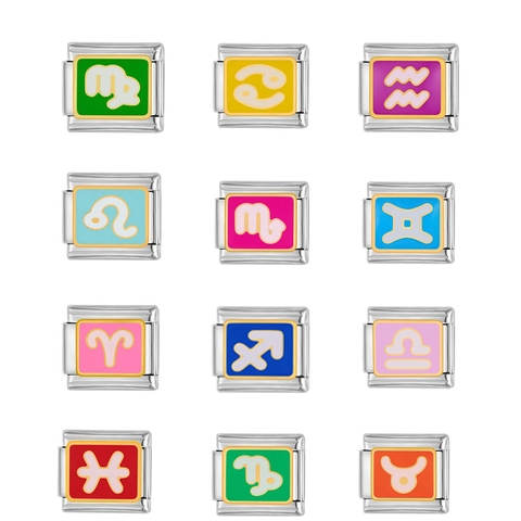 Stainless Steel Zodiac Signs Modular Link Bracelet Charm Composable Italian Enamel DIY Jewelry Accessory Unisex Bangle