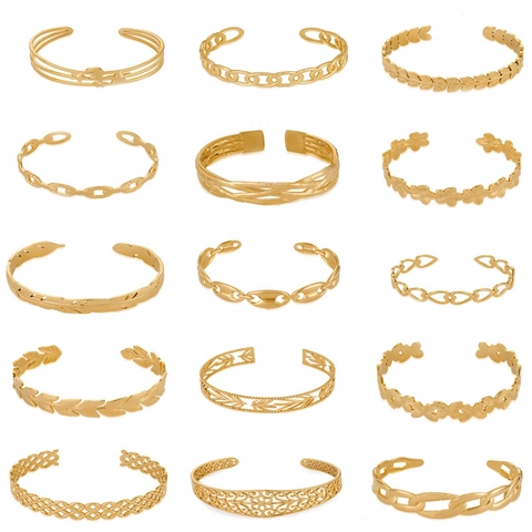 Fashion Gold Plated Stainless Steel Open Cuff Bracelet Hollow Leaf Star Moon Feather Heart Bangle Jewelry For Women Gift