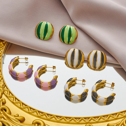 Trendige Edelstahl Emaille Gestreifte Ohrringe Für Damen Bunte Tropföl Wassermelone Fruchtmuster Stecker C-Form Ohrringe Schmuck