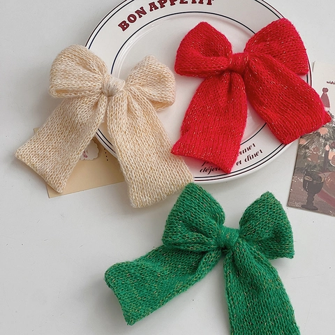 Vintage Hand Knitted Woolen Yarn Bow Hair Clip For Women Christmas Large Bowknot With Gold Silk Lurex Sparkle Winter Party Hair Accessories
