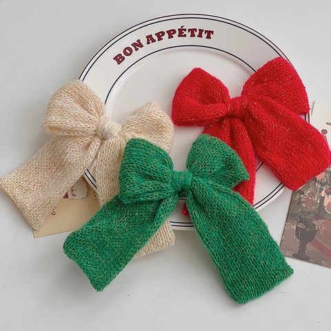 Vintage Hand Knitted Woolen Yarn Bow Hair Clip For Women Christmas Large Bowknot With Gold Silk Lurex Sparkle Winter Party Hair Accessories