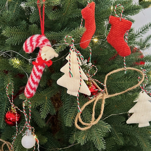 DIY Christmas Tree Ornament Kit Bear Candy Cane Red Sock Hanging Decor With LED String Light For Holiday Party Decoration