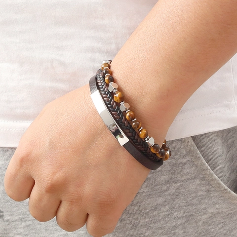 Men's Multi-layer Stainless Steel Bracelet Handmade Braided Microfiber Leather Strap With Yellow Tiger Eye Stone Beads Magnetic Clasp Vintage Jewelry