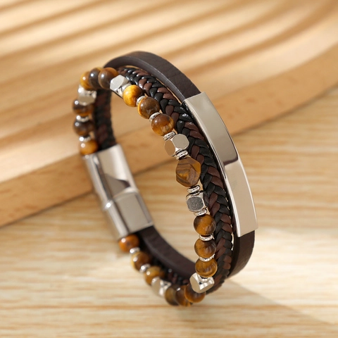 Men's Multi-layer Stainless Steel Bracelet Handmade Braided Microfiber Leather Strap With Yellow Tiger Eye Stone Beads Magnetic Clasp Vintage Jewelry