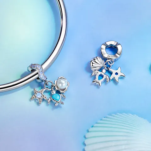 Ciondolo Oceano in Argento Sterling S925 Tartaruga Marina Stella Marina Conchiglia Con Perla Artificiale Zirconia Gioielli per Bracciale DIY