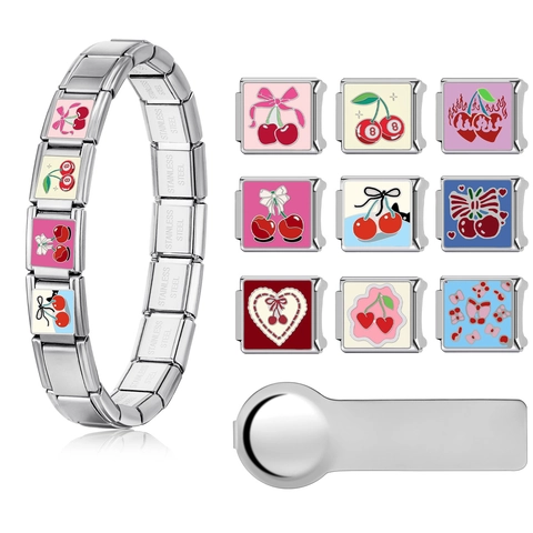 Italienisches Charm Armband Glied Titanstahl Emaille Kirsche Schleife Muster Für Damen DIY Schmuckherstellung Modulares Armband