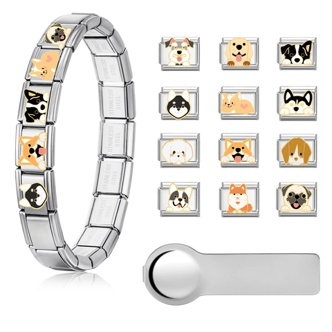 Roestvrijstalen Hondenpatroon Italiaanse Charm Armband Links DIY Modulaire Huisdier Sieraden Schnauzer Corgi Husky Emaille Charms Voor Mannen Vrouwen