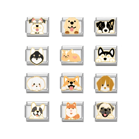 Roestvrijstalen Hondenpatroon Italiaanse Charm Armband Links DIY Modulaire Huisdier Sieraden Schnauzer Corgi Husky Emaille Charms Voor Mannen Vrouwen