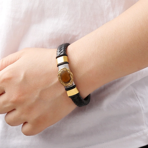Bracciale da Uomo in Vera Pelle Intrecciata a Mano Con Chiusura Magnetica in Acciaio Inossidabile 316 Pietra Occhio di Tigre Naturale Gioielli di Moda
