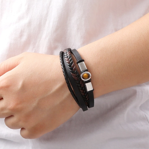 Men Multi-layer Braided Microfiber Leather Bracelet With 316L Stainless Steel Magnetic Buckle Natural Tiger Eye Stone