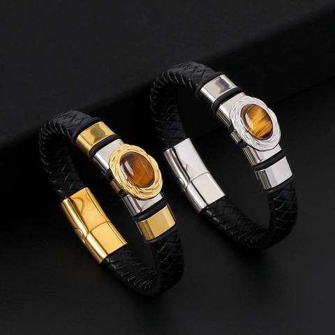 Bracciale da Uomo in Vera Pelle Intrecciata a Mano Con Chiusura Magnetica in Acciaio Inossidabile 316 Pietra Occhio di Tigre Naturale Gioielli di Moda