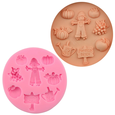 Autumn Farm Theme Silicone Fondant Mold Pumpkin Patch Scarecrow Design DIY Cake Chocolate Decorative Baking Tools Pink Round Mold