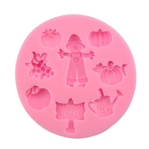 Autumn Farm Theme Silicone Fondant Mold Pumpkin Patch Scarecrow Design DIY Cake Chocolate Decorative Baking Tools Pink Round Mold