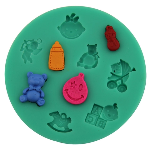 Molde de Silicona para Fondant Tema Baby Shower Redondo Formas de Oso Peluche Cochecito Biberón Herramienta Decoración Pasteles