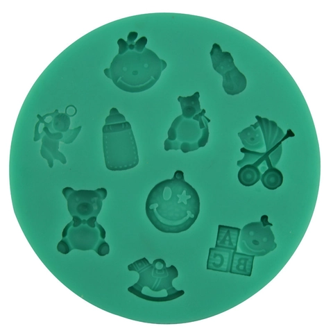 Molde de Silicona para Fondant Tema Baby Shower Redondo Formas de Oso Peluche Cochecito Biberón Herramienta Decoración Pasteles