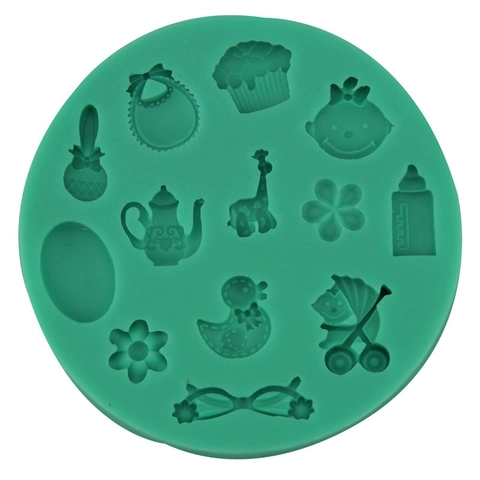 Babyparty Thema Silikon Fondant Kuchenform Rund Cartoon Schnuller Kinderwagen Muster DIY Schokolade Seife Backen Deko Werkzeug