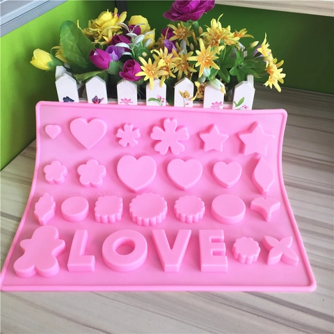 Molde de Silicona Rosa para Chocolate LOVE Corazón Estrella Flor Hombre de Jengibre Herramienta de Repostería DIY