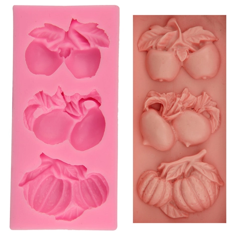 Molde De Silicona Para Fondant De Frutas Y Verduras 3 Cavidades Manzana Melocotón Calabaza DIY Horneado Molde De Chocolate
