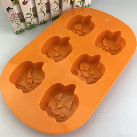 Molde de Silicona para Pasteles Calabaza de Halloween Jack-O'-Lantern 6 Cavidades Bandeja de Horno DIY Chocolate Gelatina Naranja