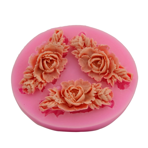 3-Blüten Mit Blatt Silikon Kuchenform DIY Fondant Backwerkzeug Rosenmuster Schokolade Seifenform Küche Backzubehör