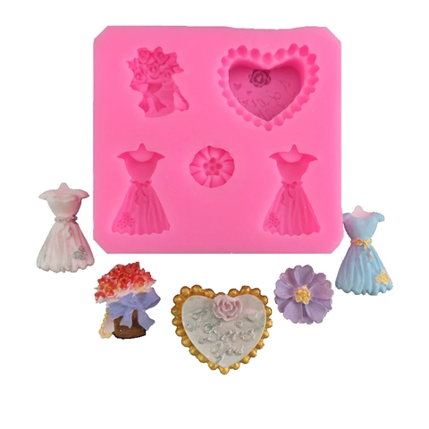 Siliconen Hart Jurk Boeket Taartvorm DIY Bakken Fondant Chocolade Ijsblokjesvorm Romantisch I Love You Reliëf Bakgereedschap