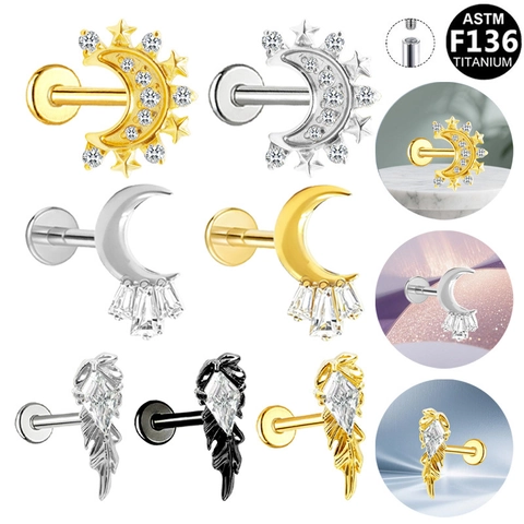 ASTM F136 G23 Titanium Moon Star Labret Piercing Earrings With Zirconia Internal Thread Helix Tragus Jewelry For Women