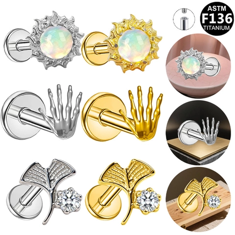 ASTM F136 Titanium Internally Threaded Labret Stud Earrings Skeleton Hand Sun Opal Ginkgo Leaf Piercing Jewelry For Unisex