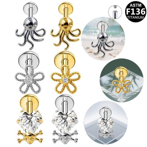 Joyas de Piercing Labret de Titanio ASTM F136 Roscado Interno Pulpo Flor Corazón Calavera Zirconia Pendiente Cartílago