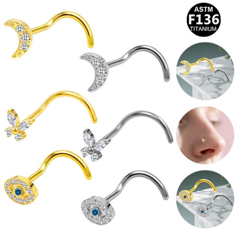 ASTM F136 Titan Nasenstecker Mond Schmetterling Böser Blick Zirkonia Eingelegt Körperpiercing Schmuck Gold Silber Schraub Nasenring Für Damen