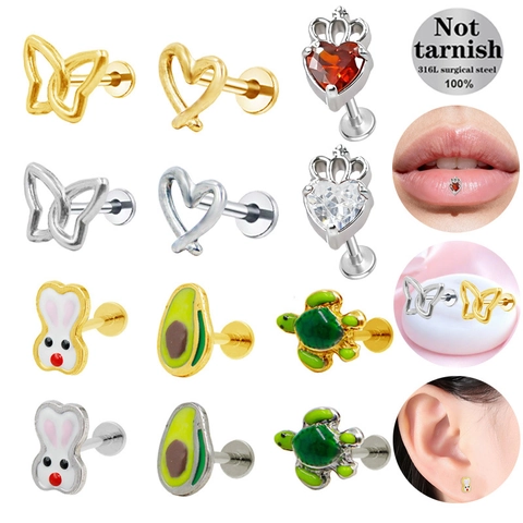 Stainless Steel Heart Butterfly Rabbit Avocado Turtle Labret Studs 316L Surgical Steel Lip Rings Ear Piercing Jewelry Women