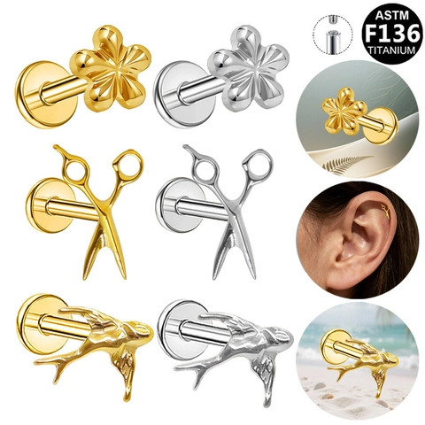 ASTM F136 Titanium Internal Threaded Labret Lip Ring Ear Stud Swallow Flower Scissors Flat Back Piercing Jewelry For Unisex