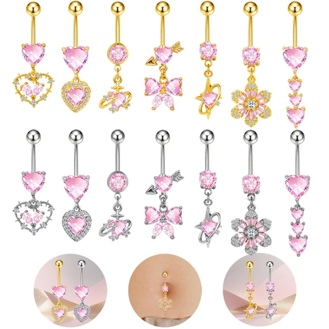 Anelli per Ombelico in Oro Rosa con Cuore e Fiocco in Strass per Donna Gioielli per Piercing al Corpo Placcati in Rame