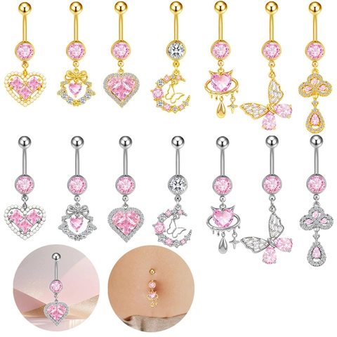 Stainless Steel Heart Butterfly Moon Navel Ring Pink Zirconia Dangle Belly Button Ring Body Piercing Jewelry For Women