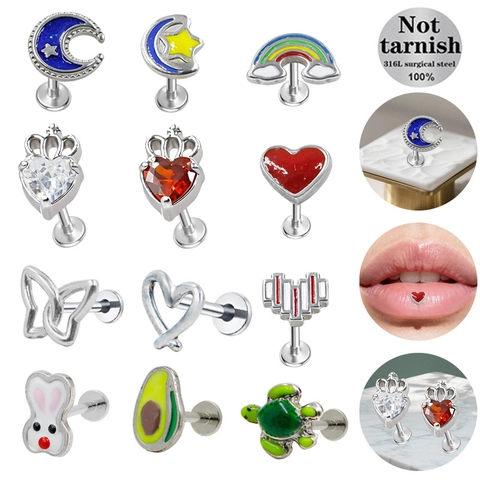 316L Surgical Steel Lip Stud Heart Crown Butterfly Avocado Moon Star Piercing Body Jewelry Not Tarnish Labret Stud