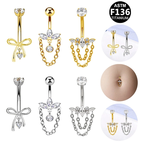 ASTM F136 Titanium Belly Ring Rhinestone Bow Heart Pendant Navel Piercing Tassel Chain Body Jewelry For Women