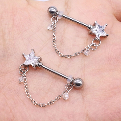 Stainless Steel Nipple Ring Star Shaped Rhinestone Dangle Chain Body Piercing Jewelry Rose Gold Water Drop Nipple Barbell For Women