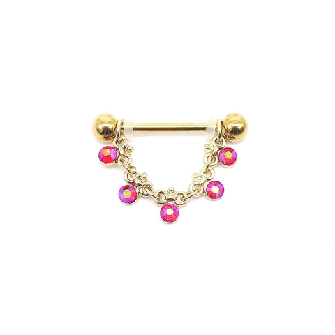 Luxury Gold Plated 316L Stainless Steel Nipple Ring With Pink Rhinestone Flower Pendant Chain Body Piercing Jewelry For Women