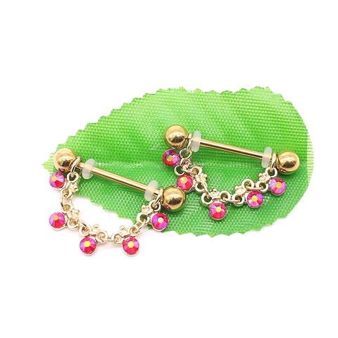 Luxury Gold Plated 316L Stainless Steel Nipple Ring With Pink Rhinestone Flower Pendant Chain Body Piercing Jewelry For Women