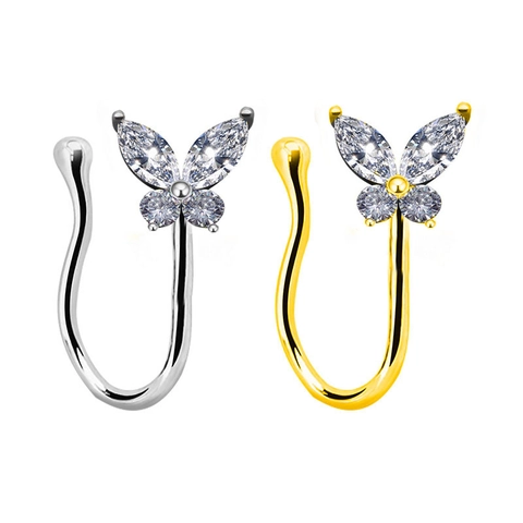 Copper Zirconia Inlaid U-Shaped Nose Clip Non-Pierced Nose Ring Butterfly Heart Moon Star Leaf Fake Piercing Jewelry For Women