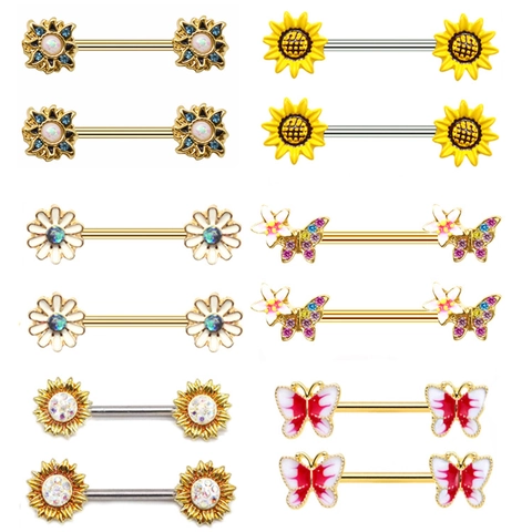 Stainless Steel Zinc Alloy Rhinestone Nipple Ring Sunflower Butterfly Daisy Body Piercing Jewelry For Women Trendy Stud