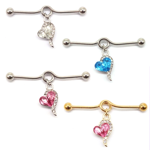 316L Stainless Steel Industrial Barbell Earring Heart Rhinestone Long Bar Piercing Jewelry For Women Body Decoration