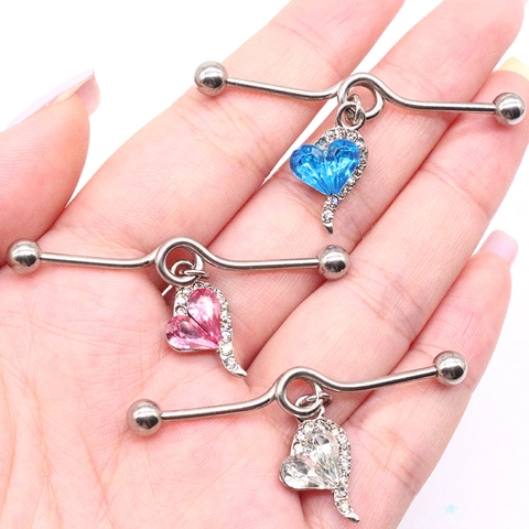 316L Stainless Steel Industrial Barbell Earring Heart Rhinestone Long Bar Piercing Jewelry For Women Body Decoration