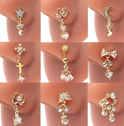 Edelstahl Nasenstecker Mit Strass Herz Schmetterling Stern Mond Kreuz Anhänger Nasenring Für Damen Piercing Schmuck