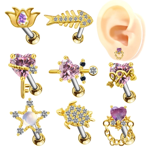 Boucles d'Oreilles Clous en Acier Inoxydable avec Strass pour Femmes Cœur Croix Papillon Étoile Flocon de Neige Tortue Bijoux de Piercing Or Argent