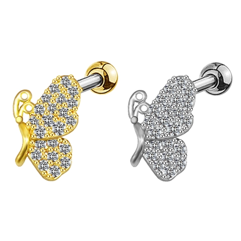 Stainless Steel Ear Cartilage Stud Earrings For Women Zirconia Inlaid Snake Butterfly Moon Star Heart Piercing Jewelry